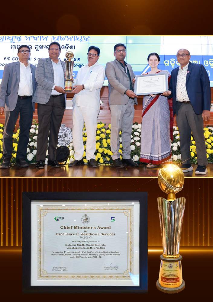 <span>Received CHIEF MINISTER AWARD </span><br>
Mahatma Gandhi Cancer Hospital & Research Institute, Visakhapatnam received CHIEF MINISTER AWARD for 1st Position among high footfall with good patient feedback- Cancer Hospitals under BSKY.
